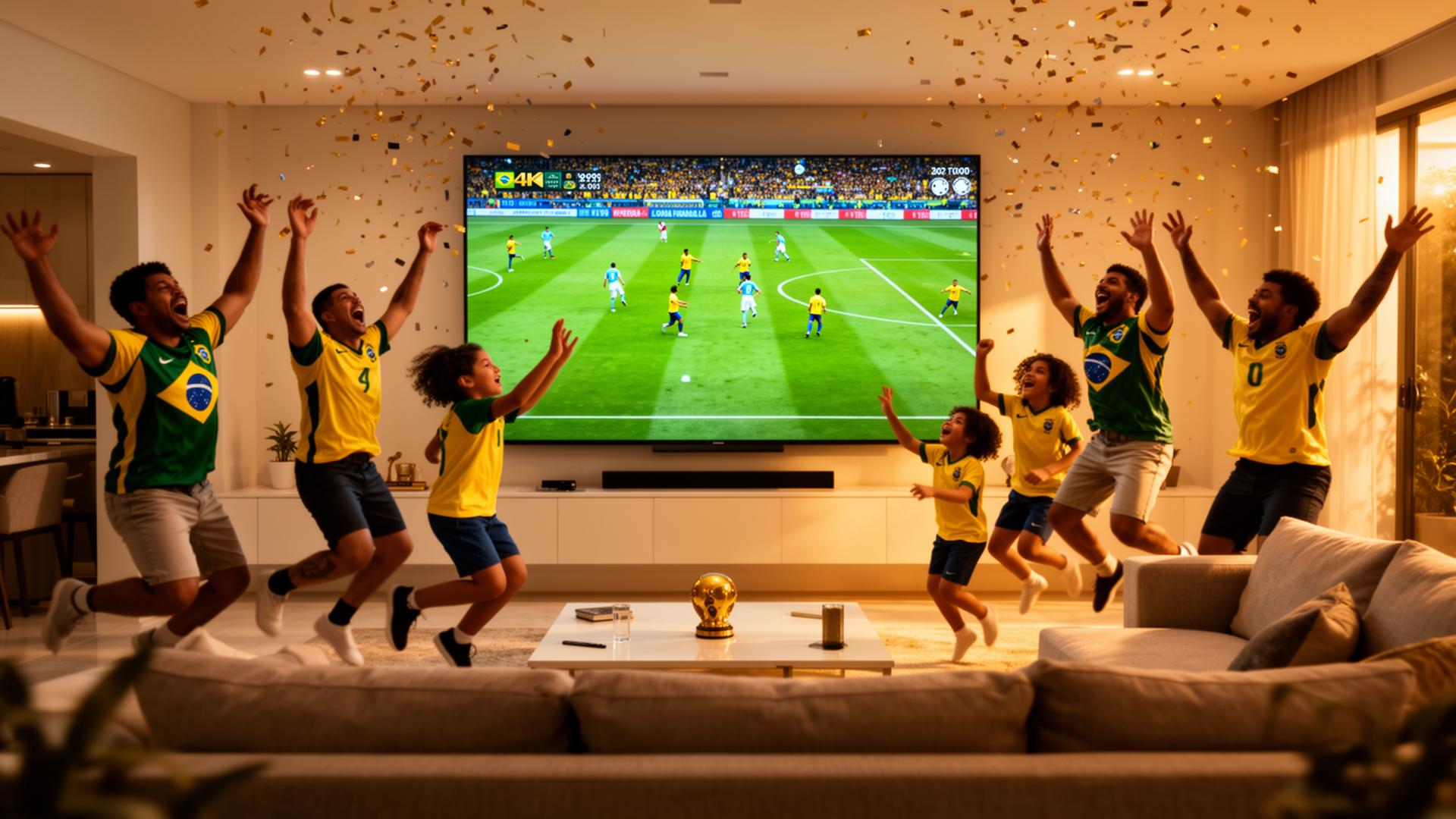 Família comemorando gol da Copa do Mundo assistindo na TV com internet fibra estável